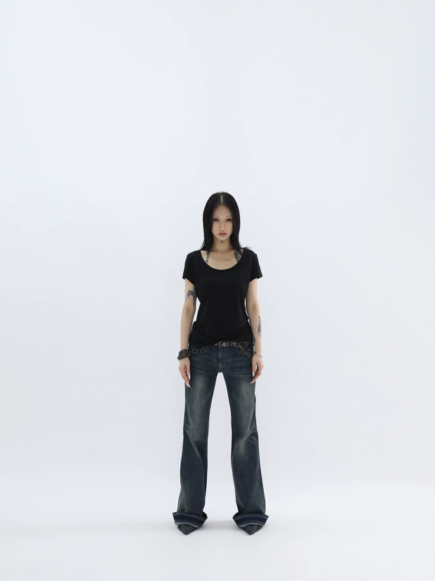 STUDDED FLARE DENIM