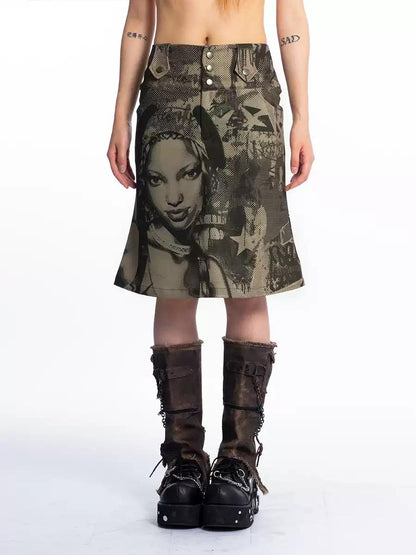 [4RE1GN] Vintage Graffiti Star Print Midi Skirt