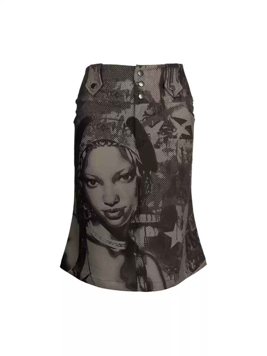 [4RE1GN] Vintage Graffiti Star Print Midi Skirt