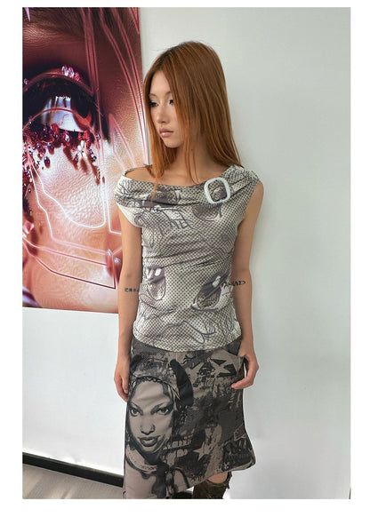 [4RE1GN] Vintage Graffiti Star Print Midi Skirt