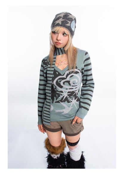 [4RE1GN] Blue-green Floral Striped V-neck Sweater