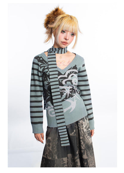 [4RE1GN] Blue-green Floral Striped V-neck Sweater