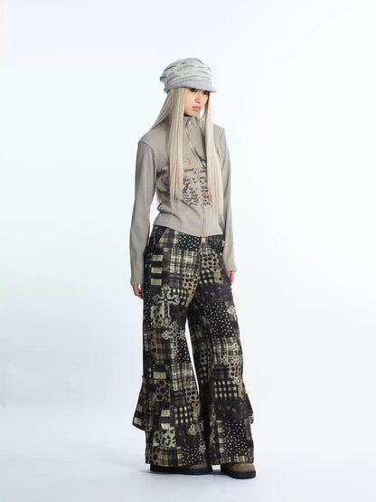 [4RE1GN] Patchwork Plaid Leopard Cross Printed Pants