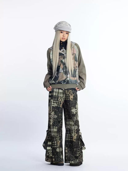 [4RE1GN] Patchwork Plaid Leopard Cross Printed Pants