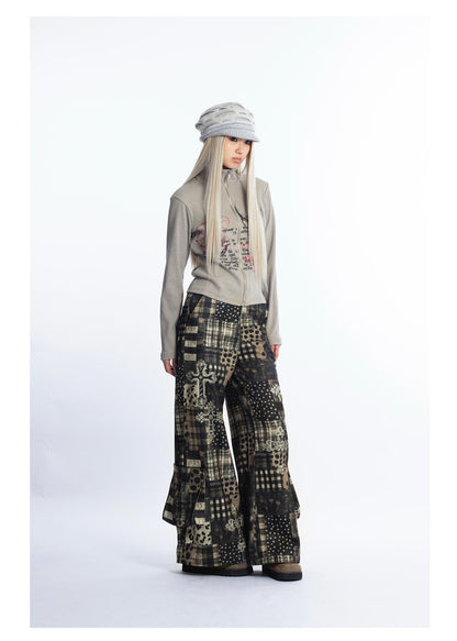 [4RE1GN] Patchwork Plaid Leopard Cross Printed Pants