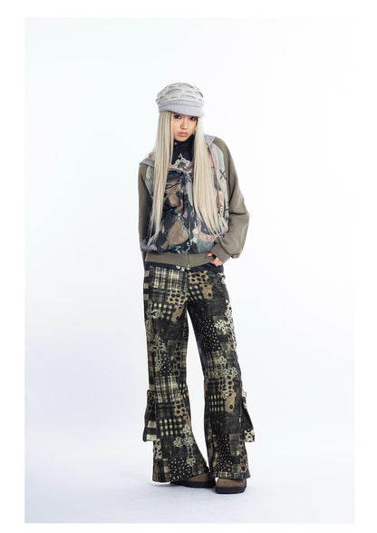 [4RE1GN] Patchwork Plaid Leopard Cross Printed Pants