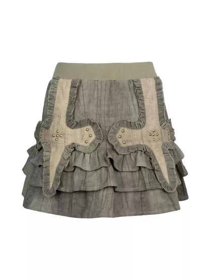 [4RE1GN] Cross Patchwork Layered Skirt