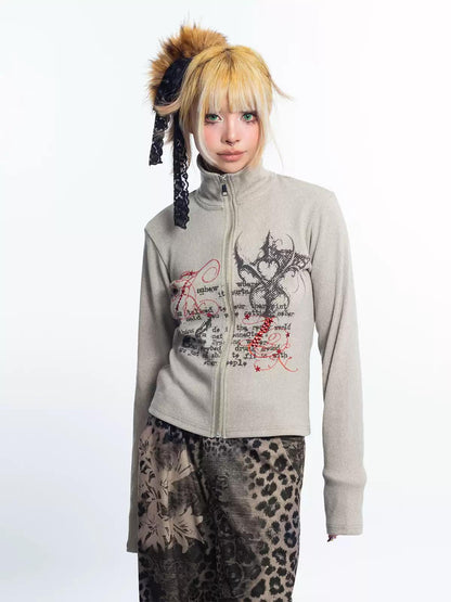 [4RE1GN] Rhinestone Heart Totem Zip Cardigan