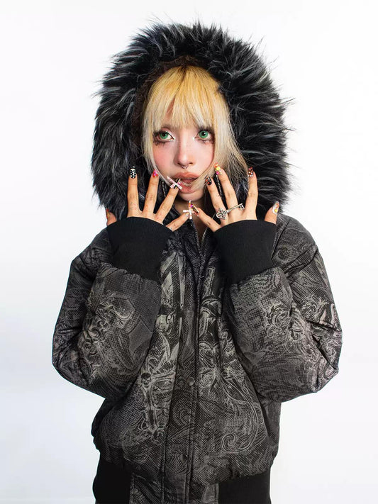 [4RE1GN] Gothic Pattern Fur-collared Down Jacket