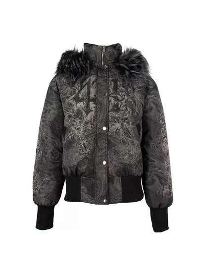 [4RE1GN] Gothic Pattern Fur-collared Down Jacket