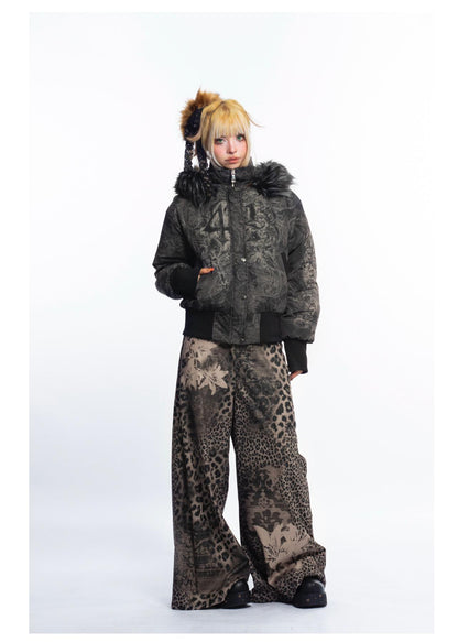 [4RE1GN] Gothic Pattern Fur-collared Down Jacket