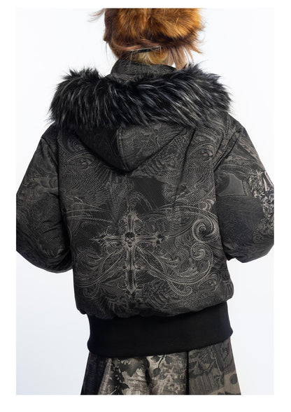 [4RE1GN] Gothic Pattern Fur-collared Down Jacket