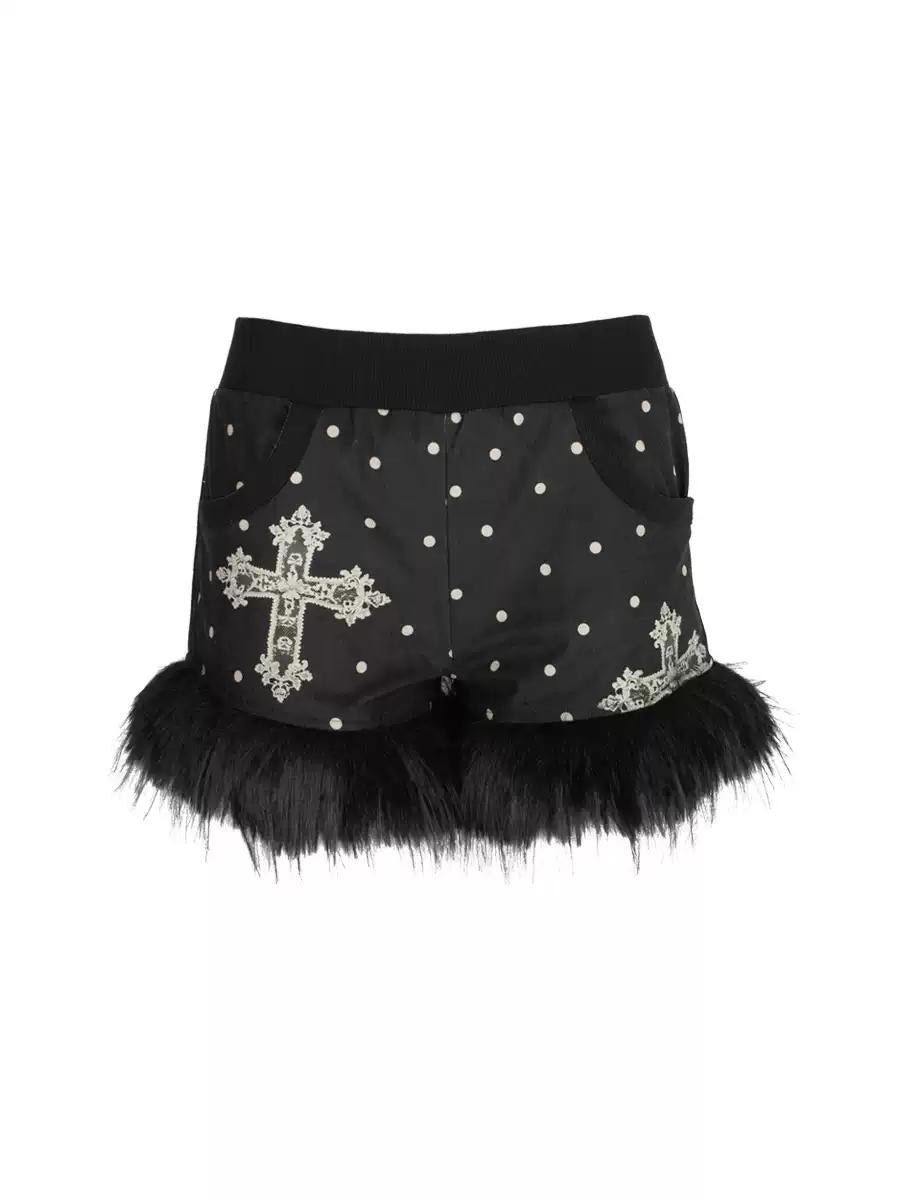 [4RE1GN] Furry Polka-dot Cross Lace Shorts