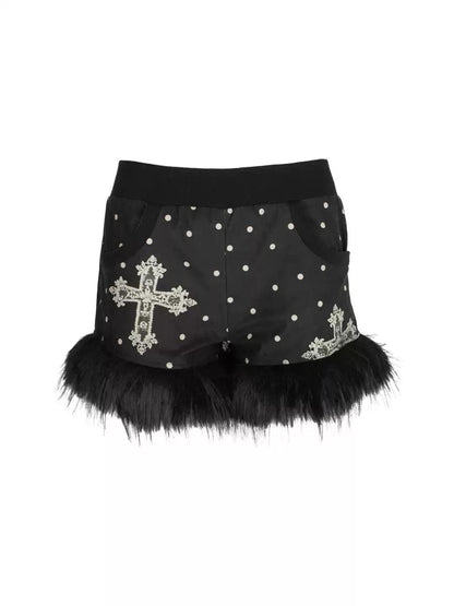 [4RE1GN] Furry Polka-dot Cross Lace Shorts