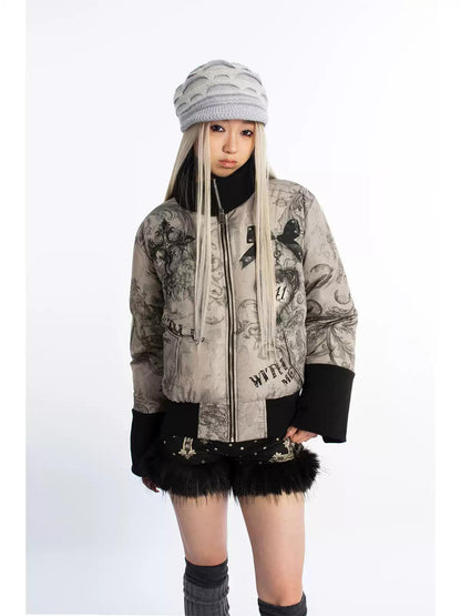 [4RE1GN] Color-block Cross Print Down Jacket