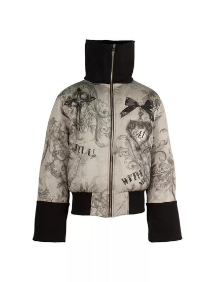 [4RE1GN] Color-block Cross Print Down Jacket