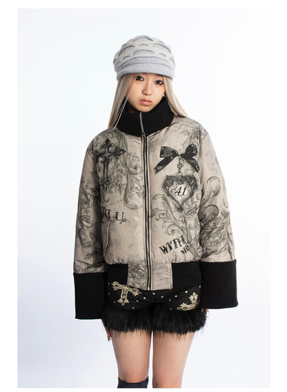 [4RE1GN] Color-block Cross Print Down Jacket