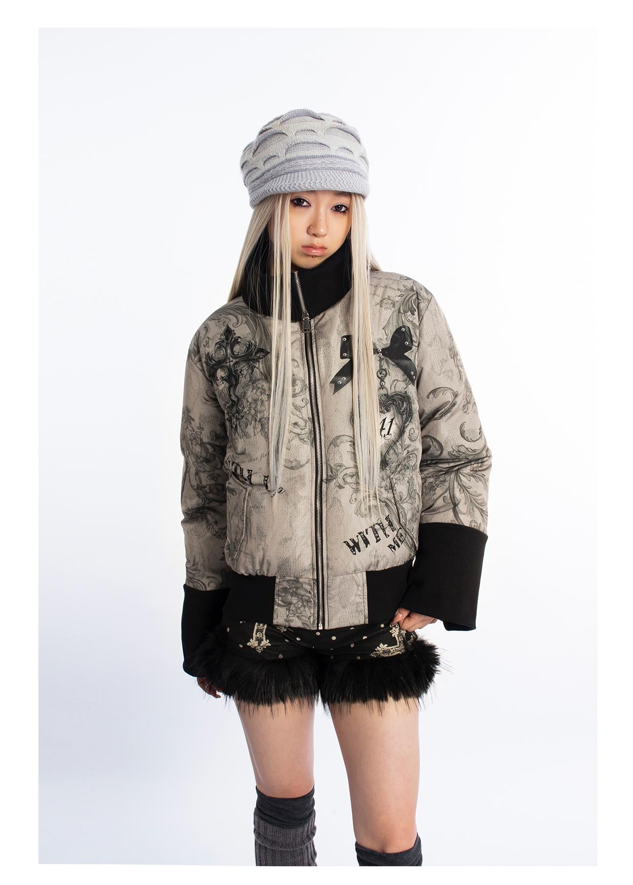 [4RE1GN] Color-block Cross Print Down Jacket