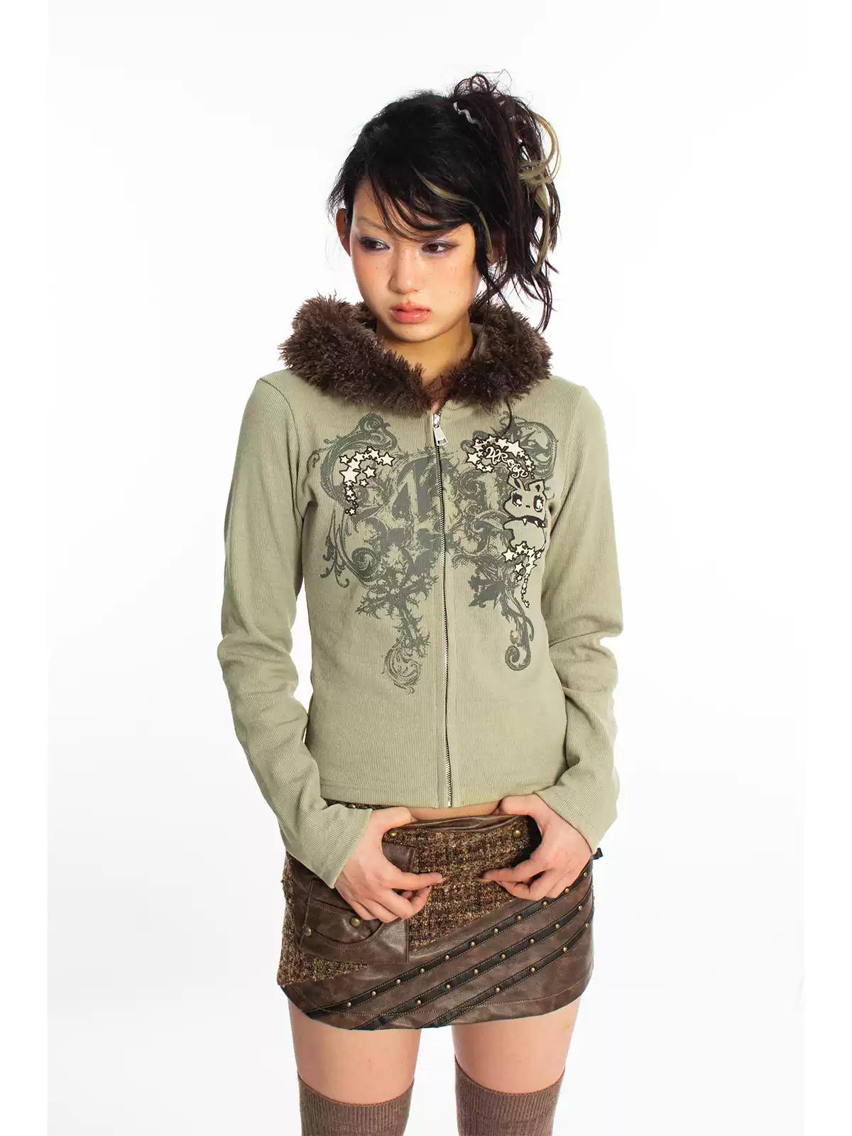 [4RE1GN] Gothic Pattern Rabbit Star Printed Fleece Hoodie