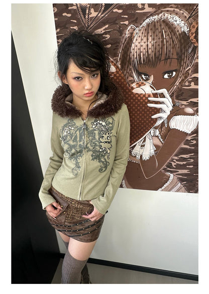 [4RE1GN] Gothic Pattern Rabbit Star Printed Fleece Hoodie