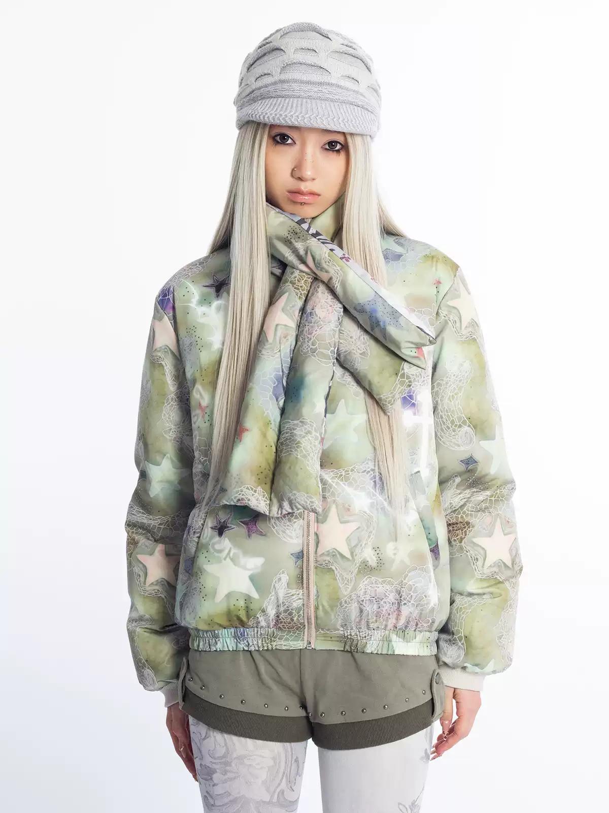 [4RE1GN] Reversible Duck Down Psychedelic Print Puffer Jacket with Scarf