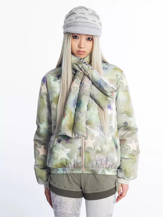 [4RE1GN] Reversible Duck Down Psychedelic Print Puffer Jacket with Scarf