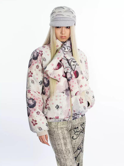 [4RE1GN] Reversible Duck Down Psychedelic Print Puffer Jacket with Scarf