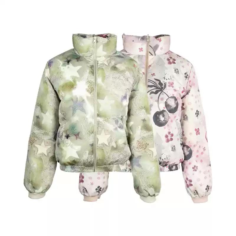 [4RE1GN] Reversible Duck Down Psychedelic Print Puffer Jacket with Scarf