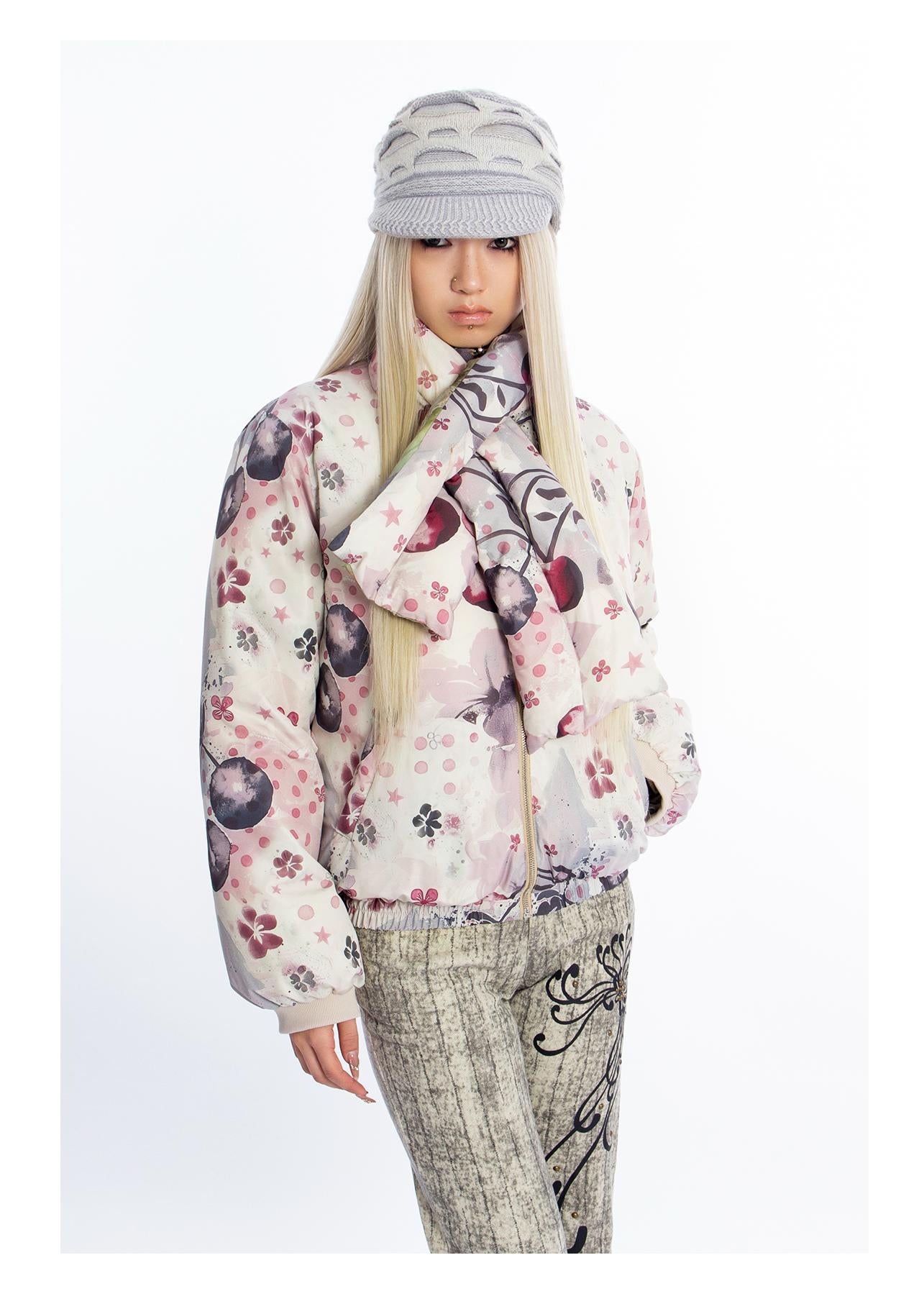 [4RE1GN] Reversible Duck Down Psychedelic Print Puffer Jacket with Scarf