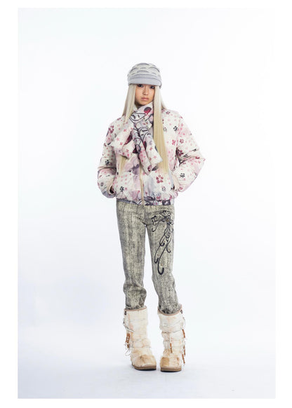 [4RE1GN] Reversible Duck Down Psychedelic Print Puffer Jacket with Scarf