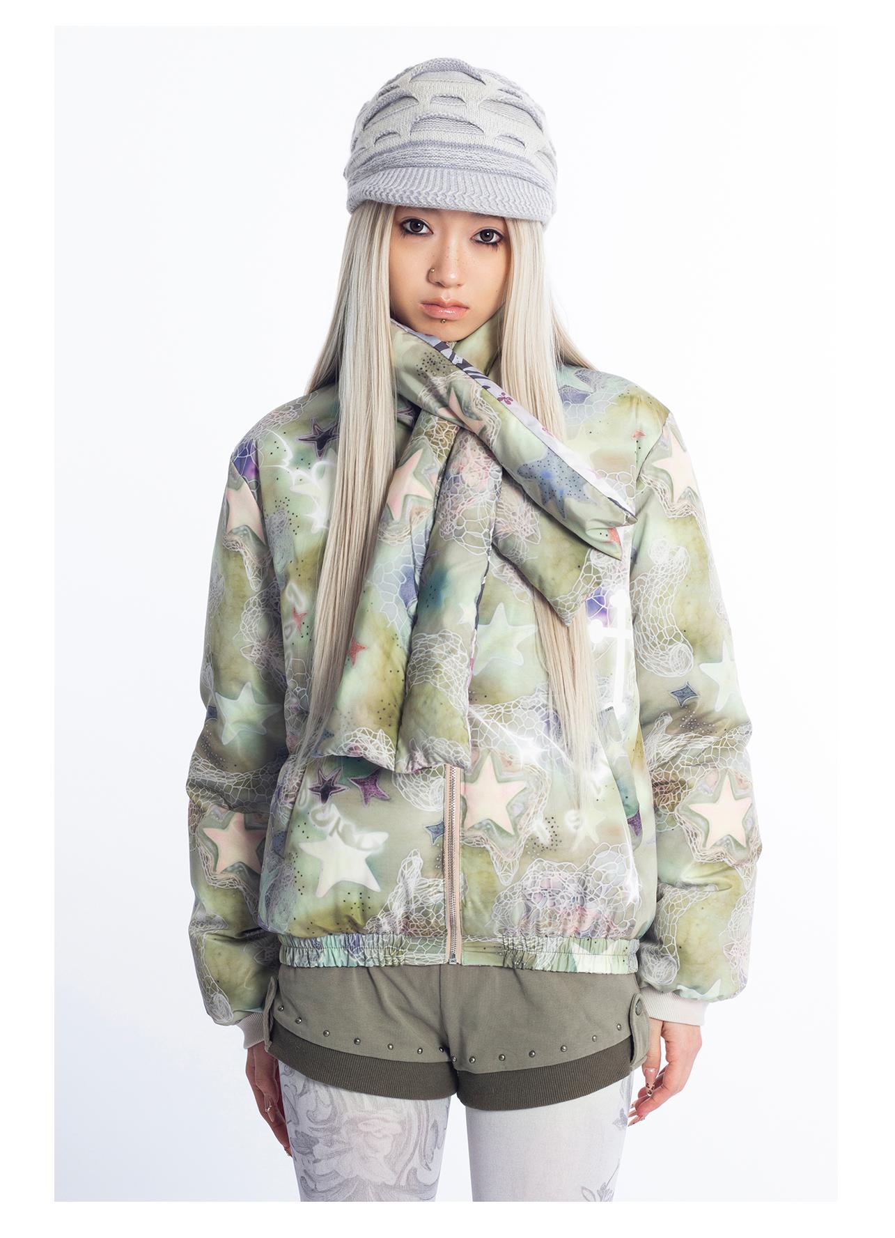 [4RE1GN] Reversible Duck Down Psychedelic Print Puffer Jacket with Scarf