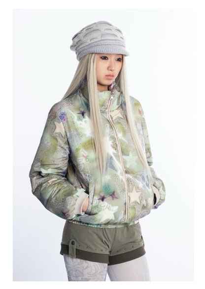 [4RE1GN] Reversible Duck Down Psychedelic Print Puffer Jacket with Scarf