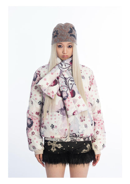 [4RE1GN] Reversible Duck Down Psychedelic Print Puffer Jacket with Scarf