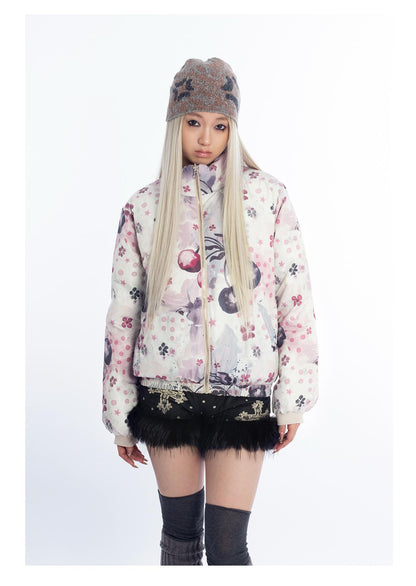 [4RE1GN] Reversible Duck Down Psychedelic Print Puffer Jacket with Scarf