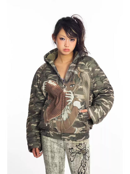 [4RE1GN] Camouflage Heart Saint Loose Hooded Winter Coat