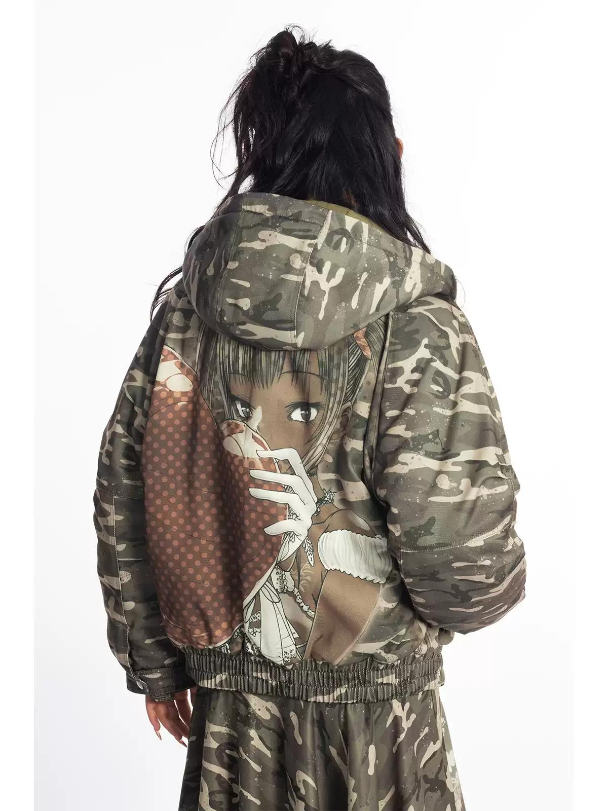 [4RE1GN] Camouflage Heart Saint Loose Hooded Winter Coat