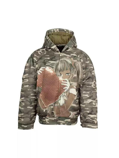 [4RE1GN] Camouflage Heart Saint Loose Hooded Winter Coat