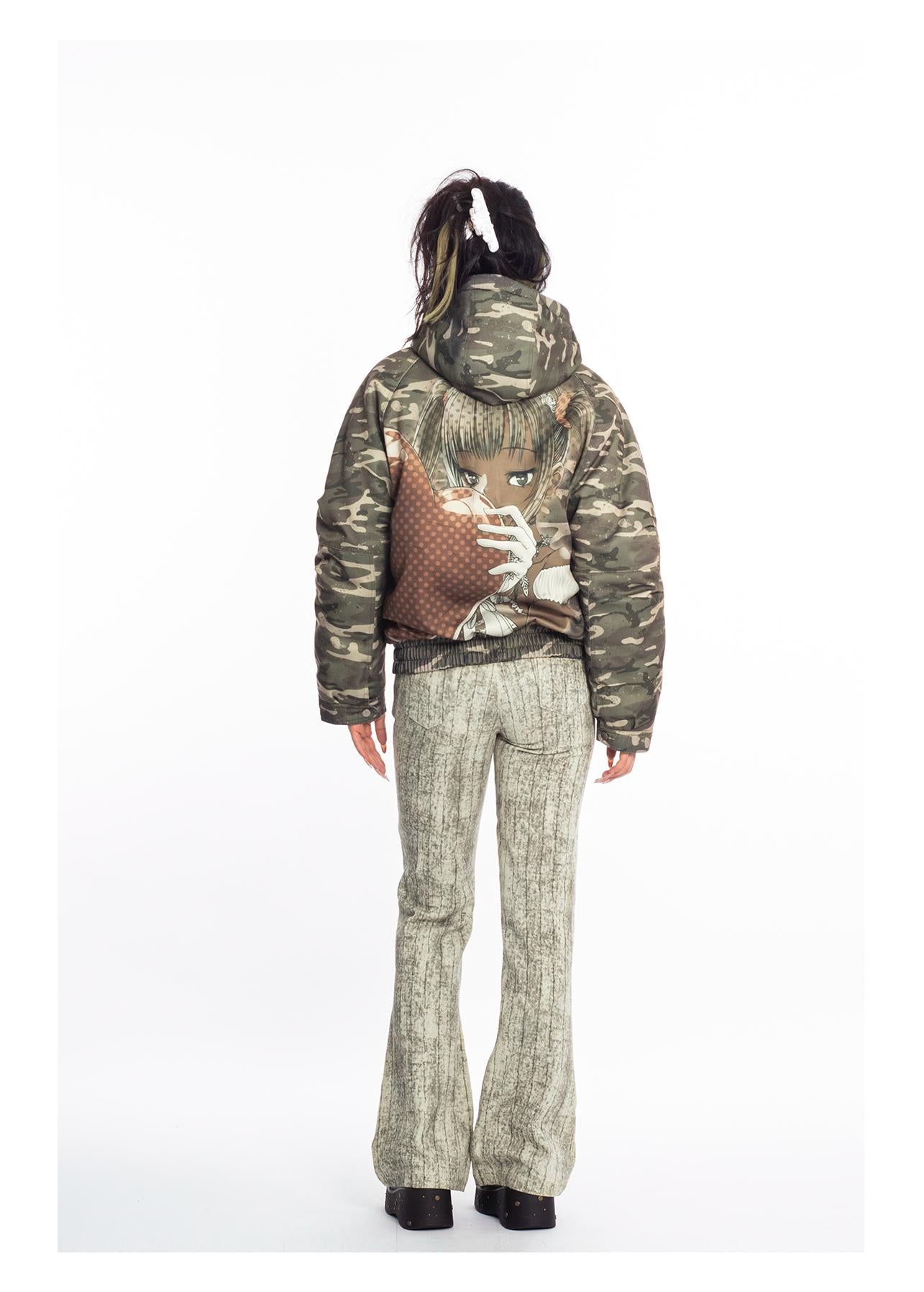 [4RE1GN] Camouflage Heart Saint Loose Hooded Winter Coat