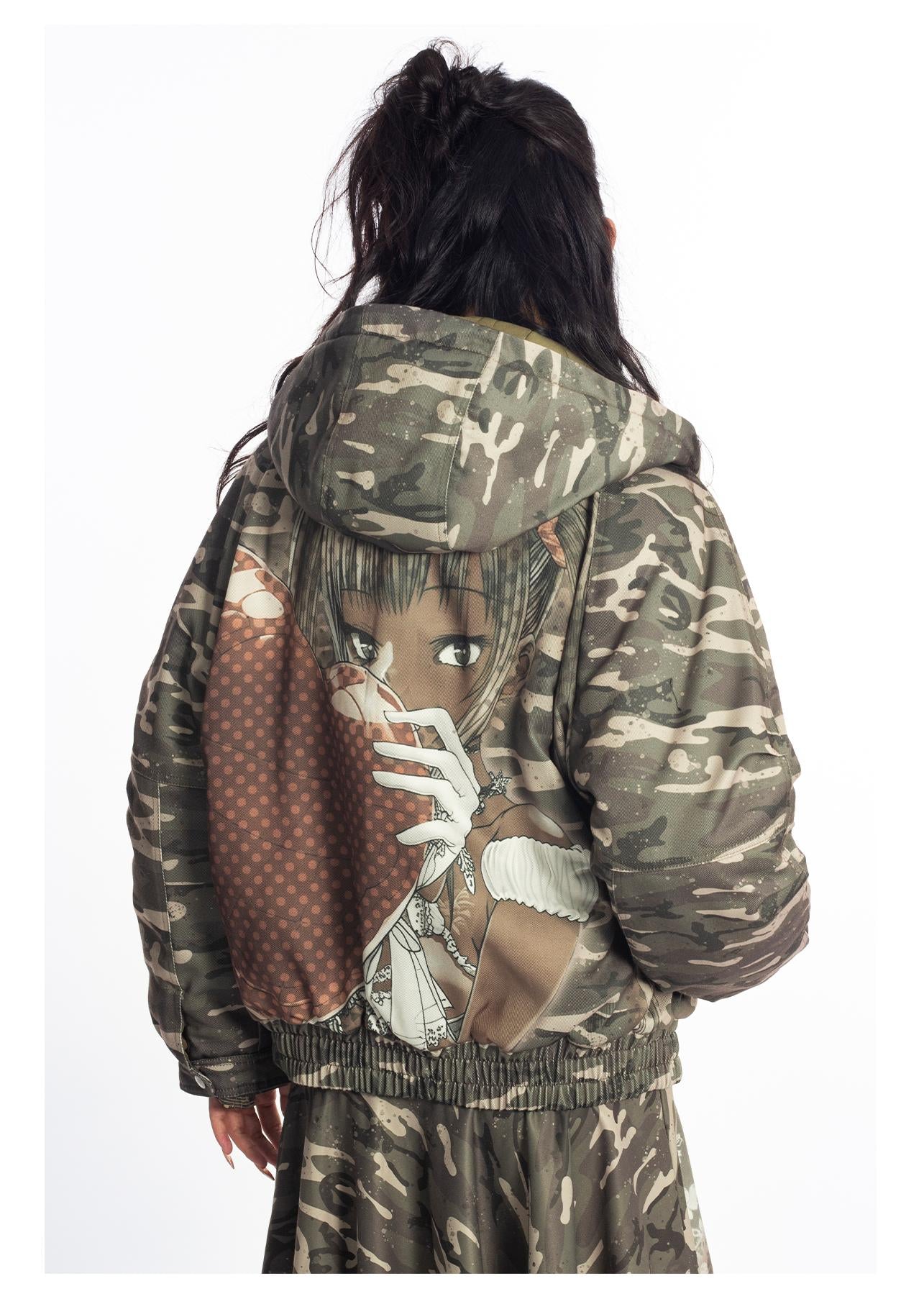 [4RE1GN] Camouflage Heart Saint Loose Hooded Winter Coat