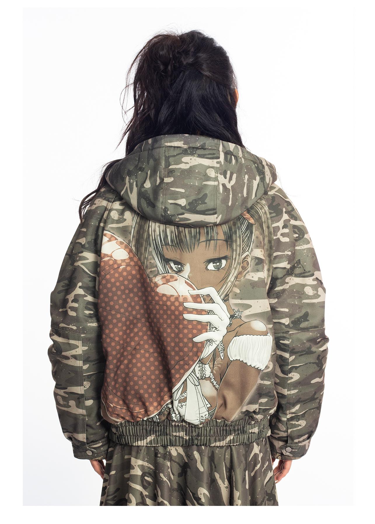 [4RE1GN] Camouflage Heart Saint Loose Hooded Winter Coat