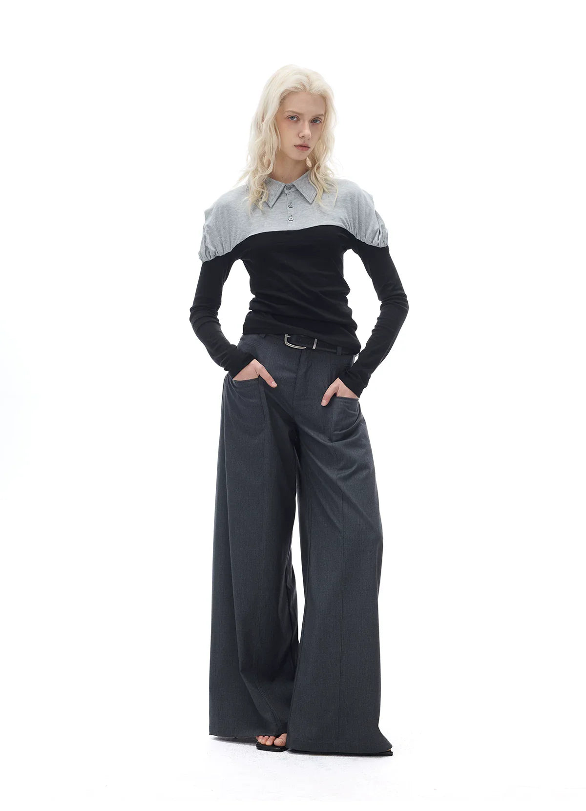 RELAXED GRAY PLEATED WIDE-LEG PANTS