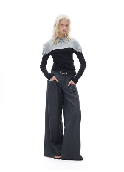 RELAXED GRAY PLEATED WIDE-LEG PANTS