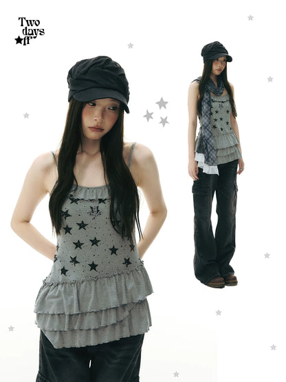 STAR PRINT RUFFLE CAMISOLE TOP