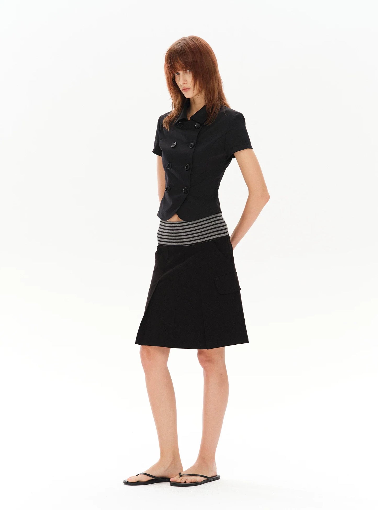 PLEATED STRIPED A-LINE MIDI SKIRT