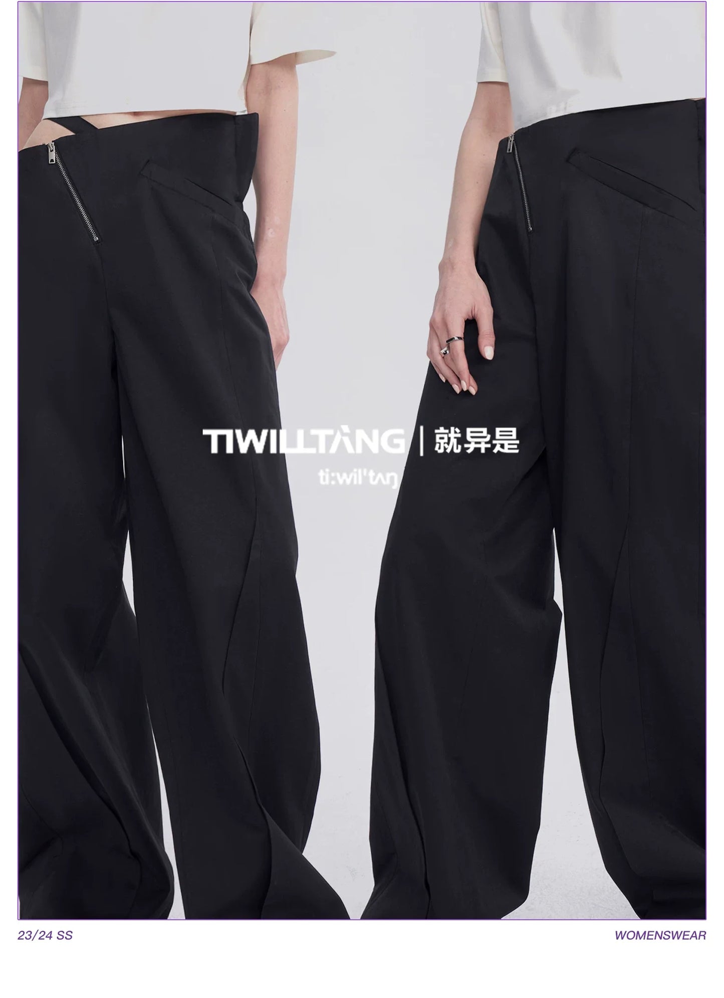 DIAGONAL-WAIST WIDE-LEG PANTS