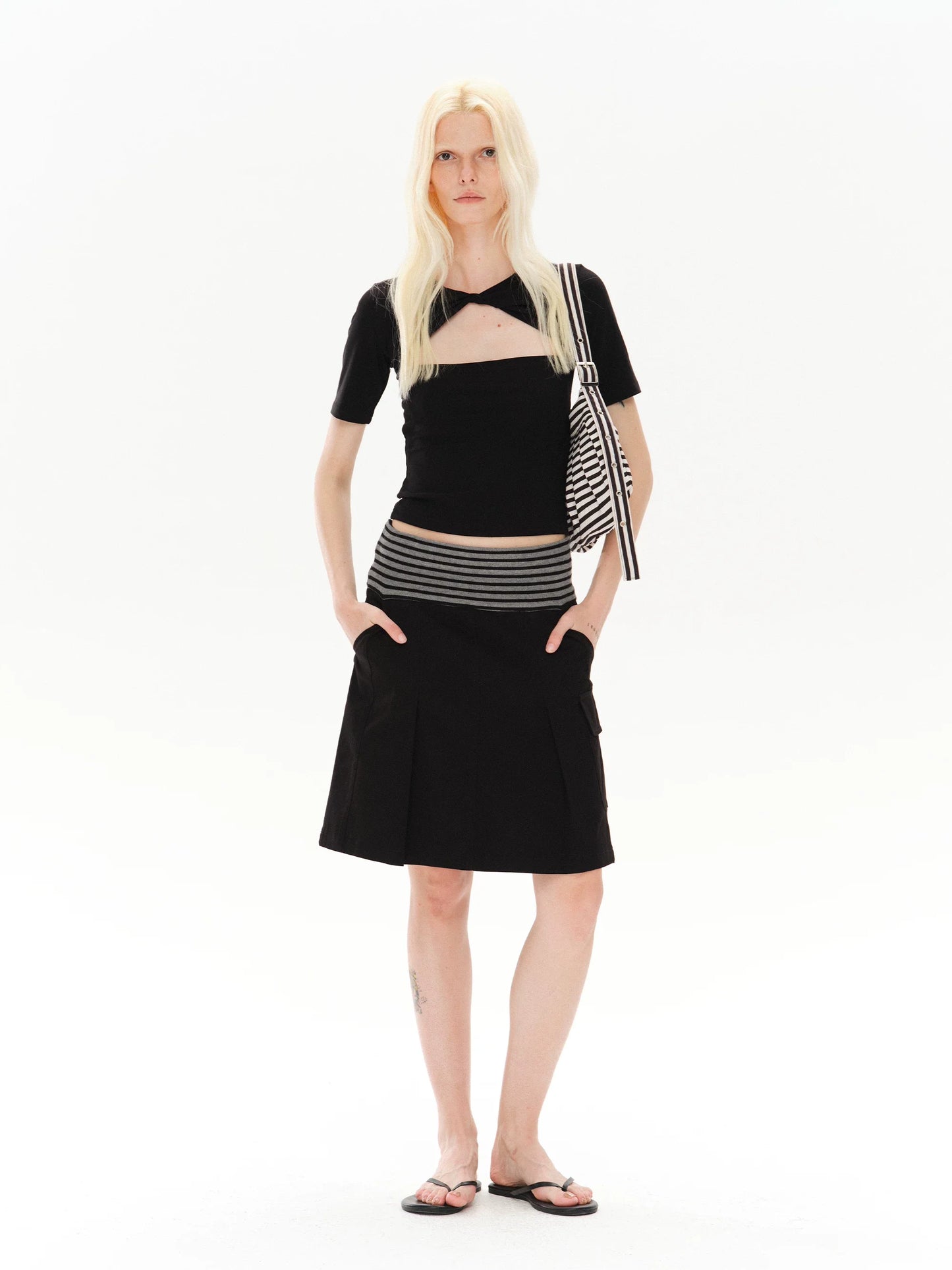 PLEATED STRIPED A-LINE MIDI SKIRT