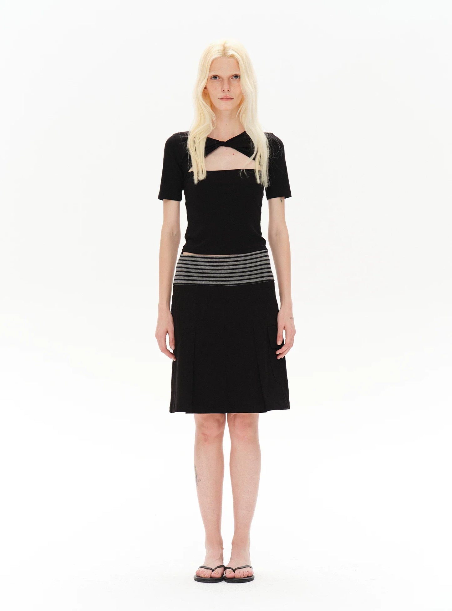 PLEATED STRIPED A-LINE MIDI SKIRT