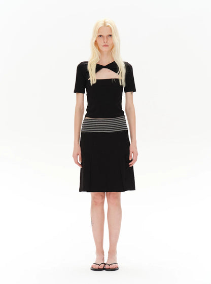 PLEATED STRIPED A-LINE MIDI SKIRT
