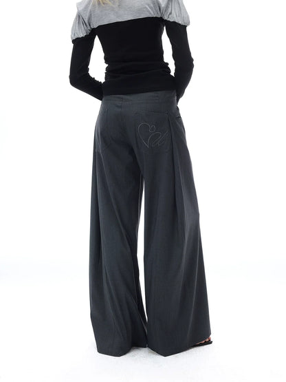 RELAXED GRAY PLEATED WIDE-LEG PANTS