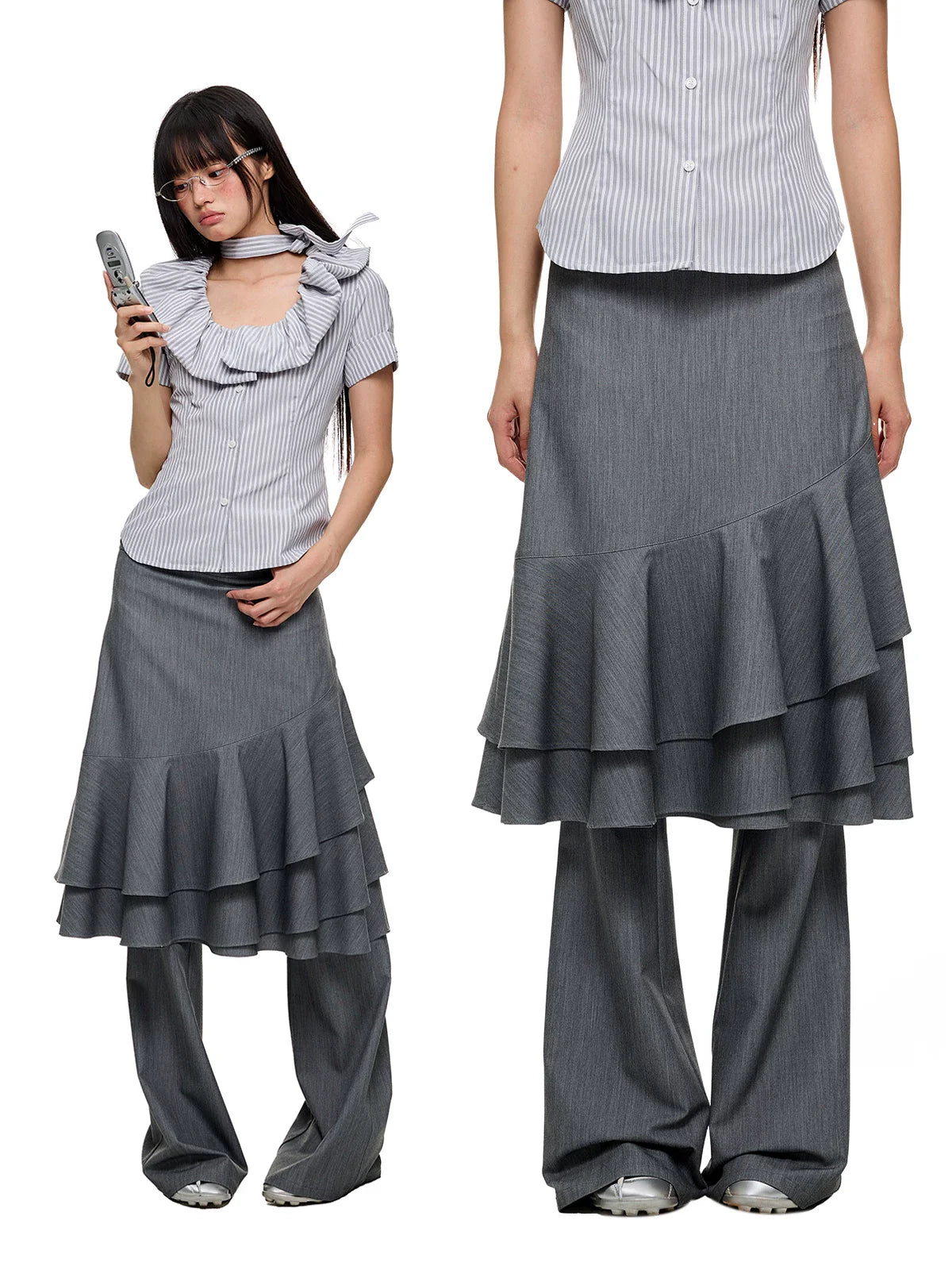 LAYERED RUFFLE SKIRT & FLARE TROUSERS